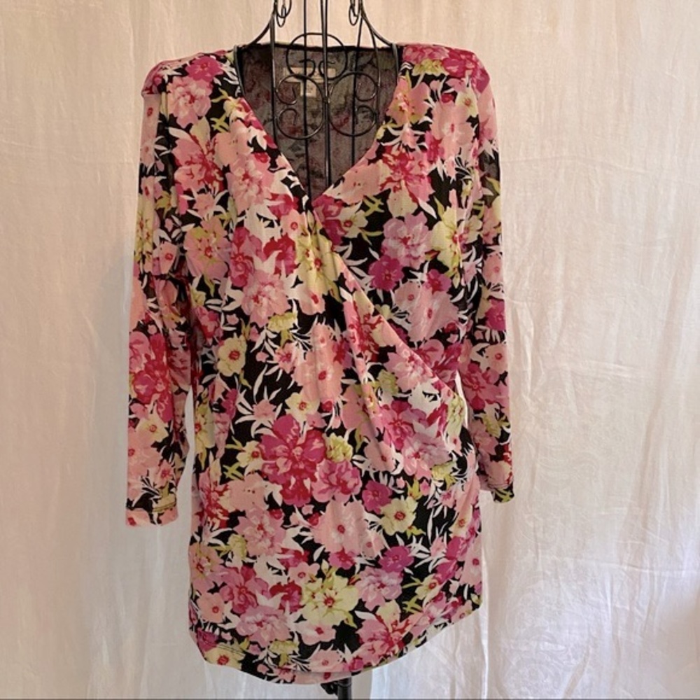 Coldwater Creek faux wrap top. Floral pink w black and green. Size large